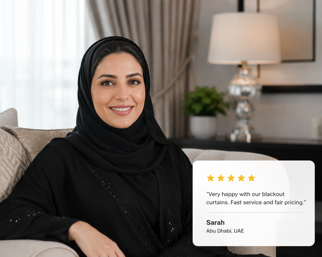 Happy customer Sarah from Abu Dhabi UAE sharing a five-star review for blackout curtains and professional installation service
