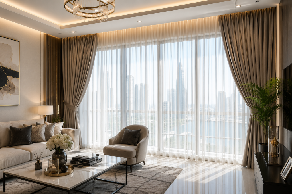 Modern luxury living room with elegant floor-to-ceiling curtains, sheer drapes, and stylish interior design in UAE.