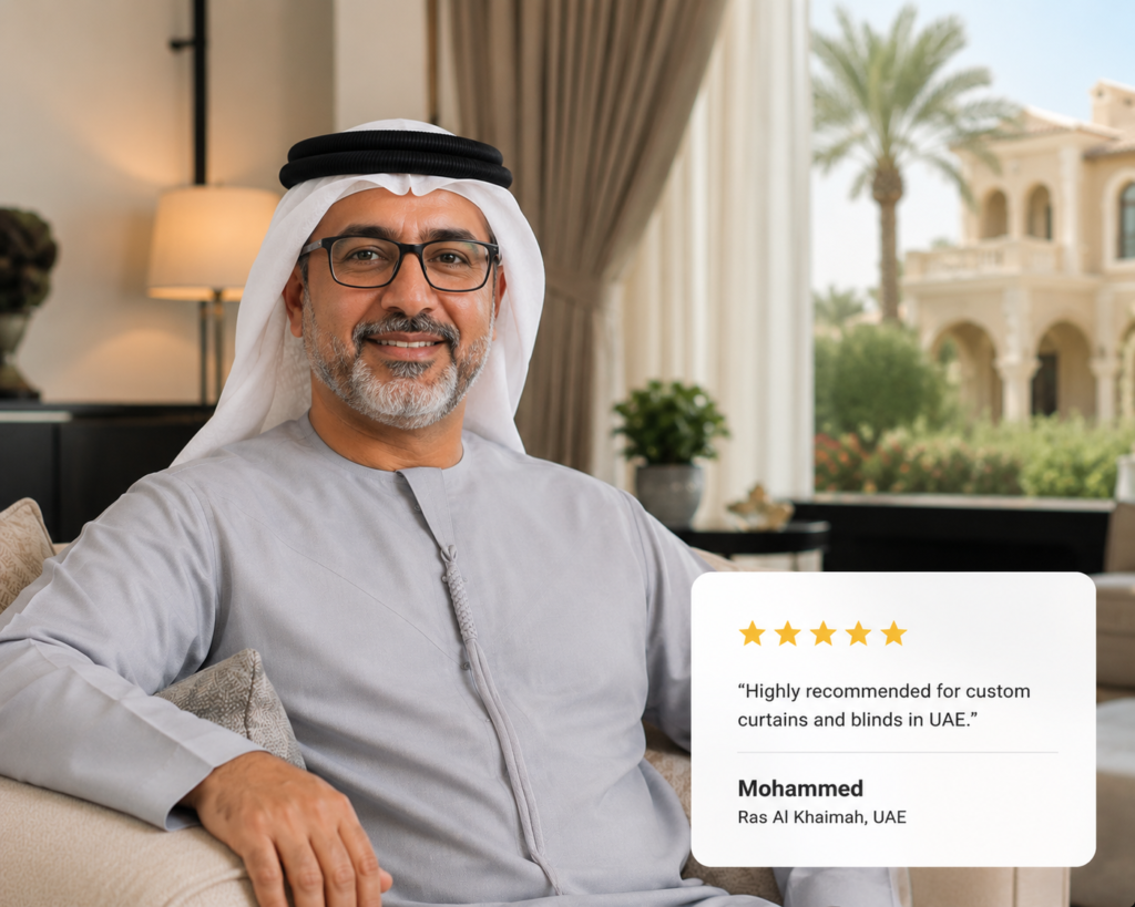 Satisfied customer Mohammed from Ras Al Khaimah UAE giving a five-star review for custom curtains and blinds installation service