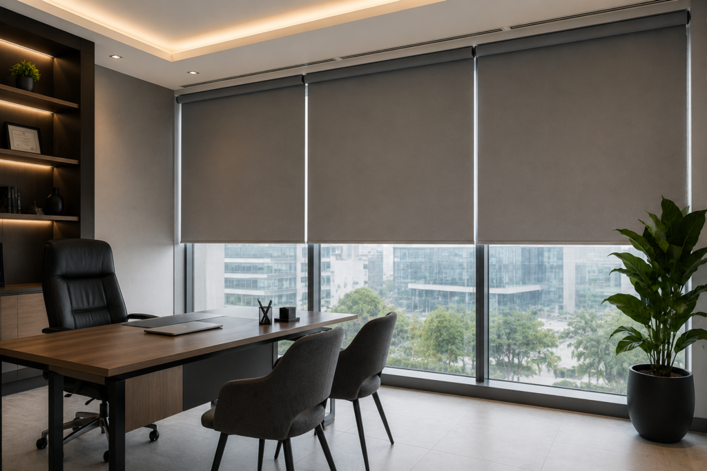 Modern office interior with premium roller blinds installed on large windows, providing privacy, light control, and a professional look in UAE.