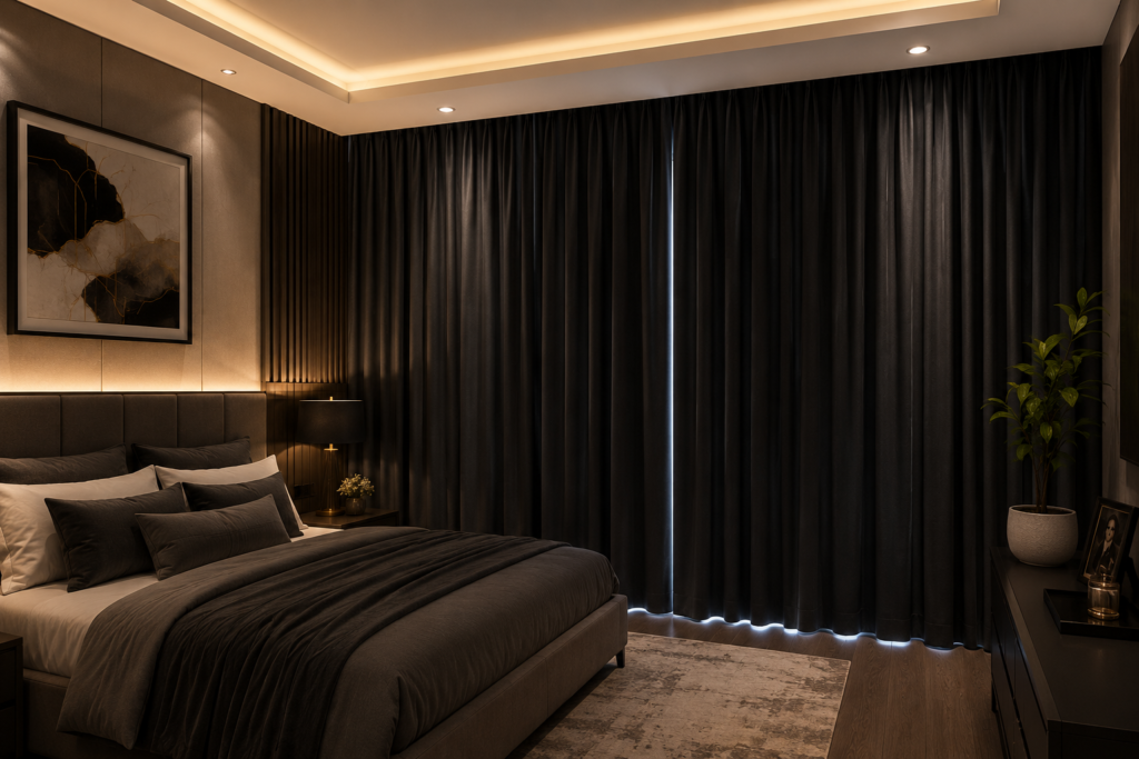 Blackout curtains installed in a modern bedroom, blocking sunlight and improving privacy with premium fabric curtains in UAE.