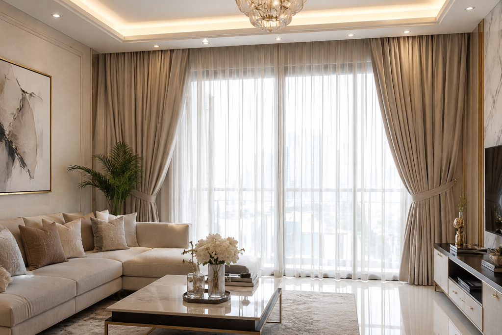 Living room with custom beige curtains and sheer curtains installed across large windows in a modern UAE home.