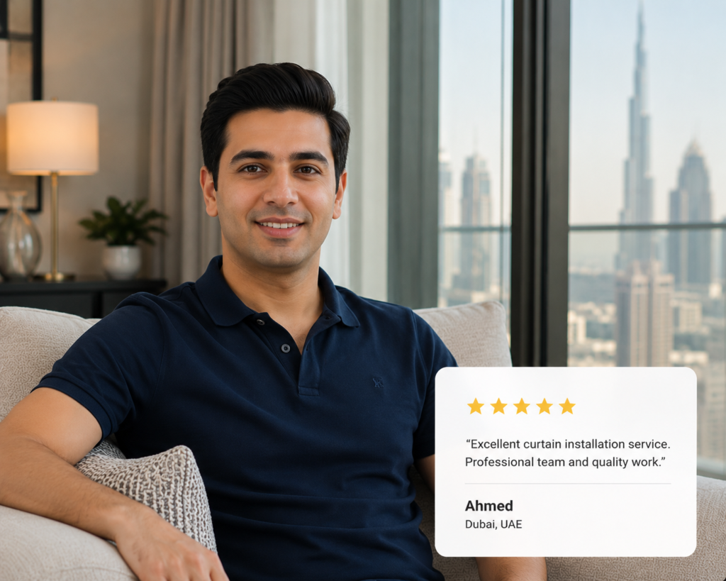 Happy curtain installation customer Ahmed from Dubai UAE sharing a five-star review for professional curtain and blinds services